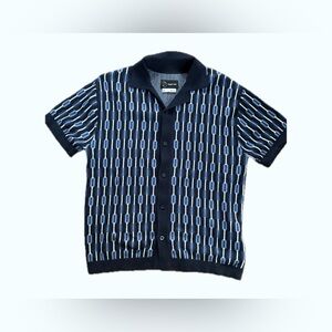 Original Use Retro Knit Polo Shirt Mens Small Blue Geometric 70s Mod Button Down